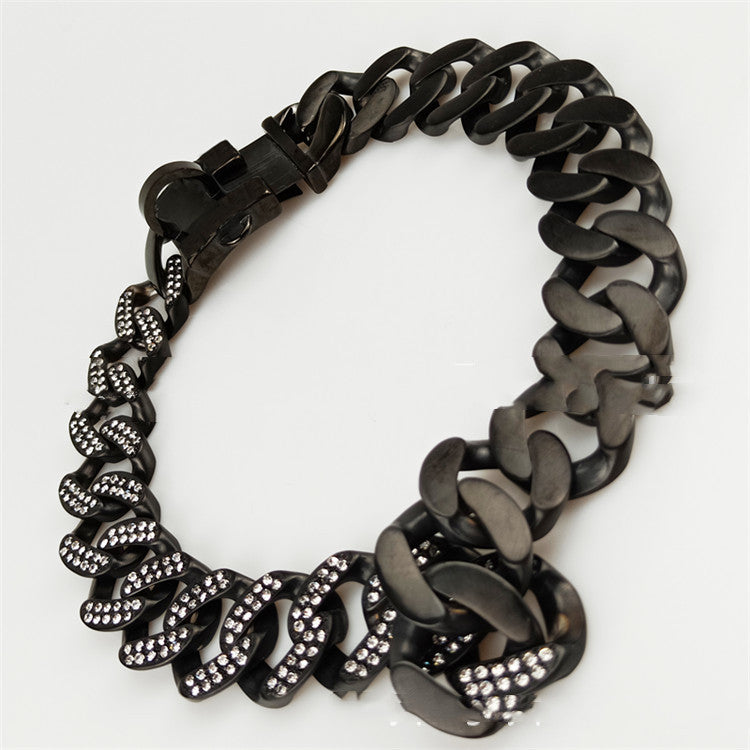 KFX-9598269 Stainless Steel Dog Collar with Black and White Diamond Accents