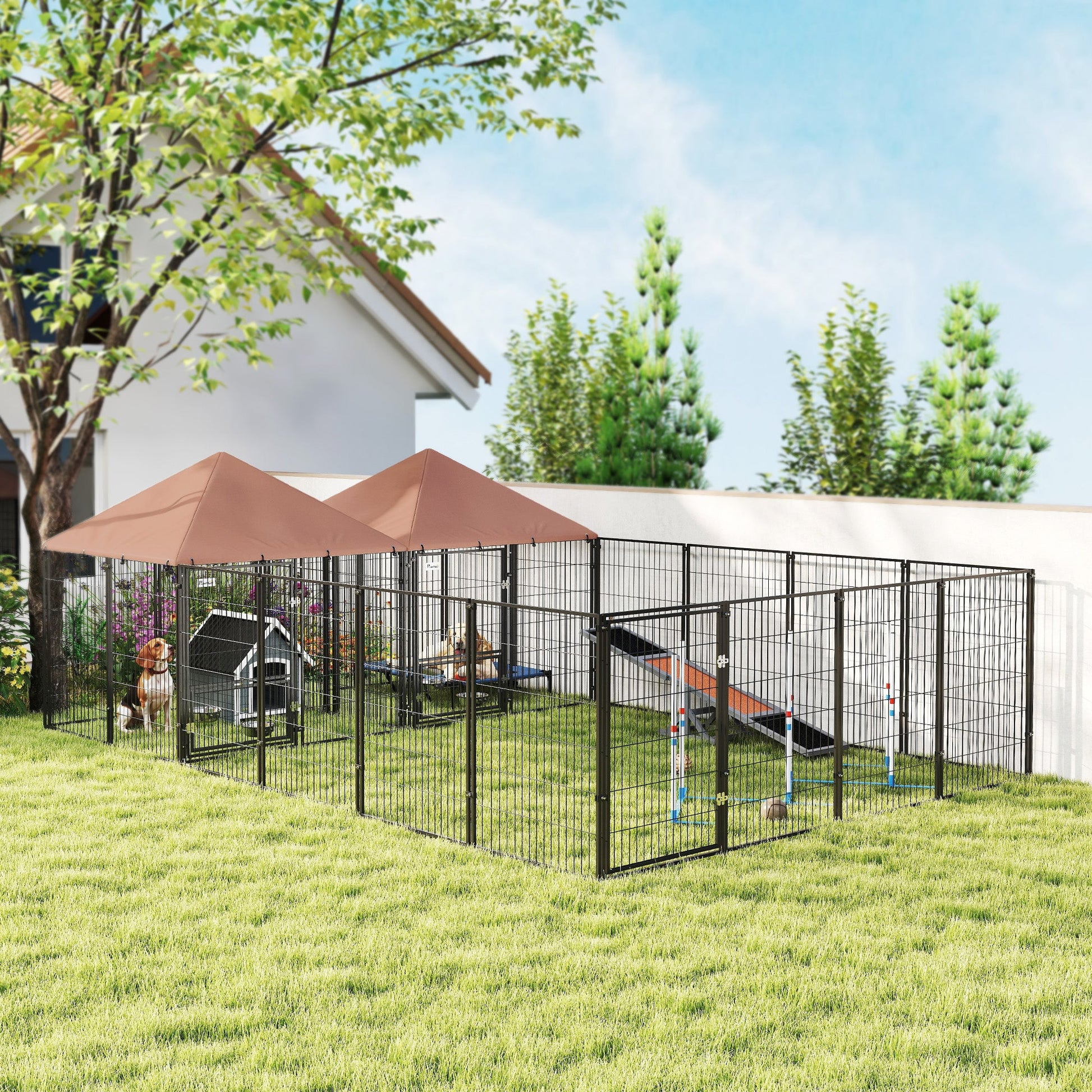 KFX-9599933 Large Outdoor Dog Kennel with 2 Separate Rooms, Adjustable Height Bowls, and Secure Design