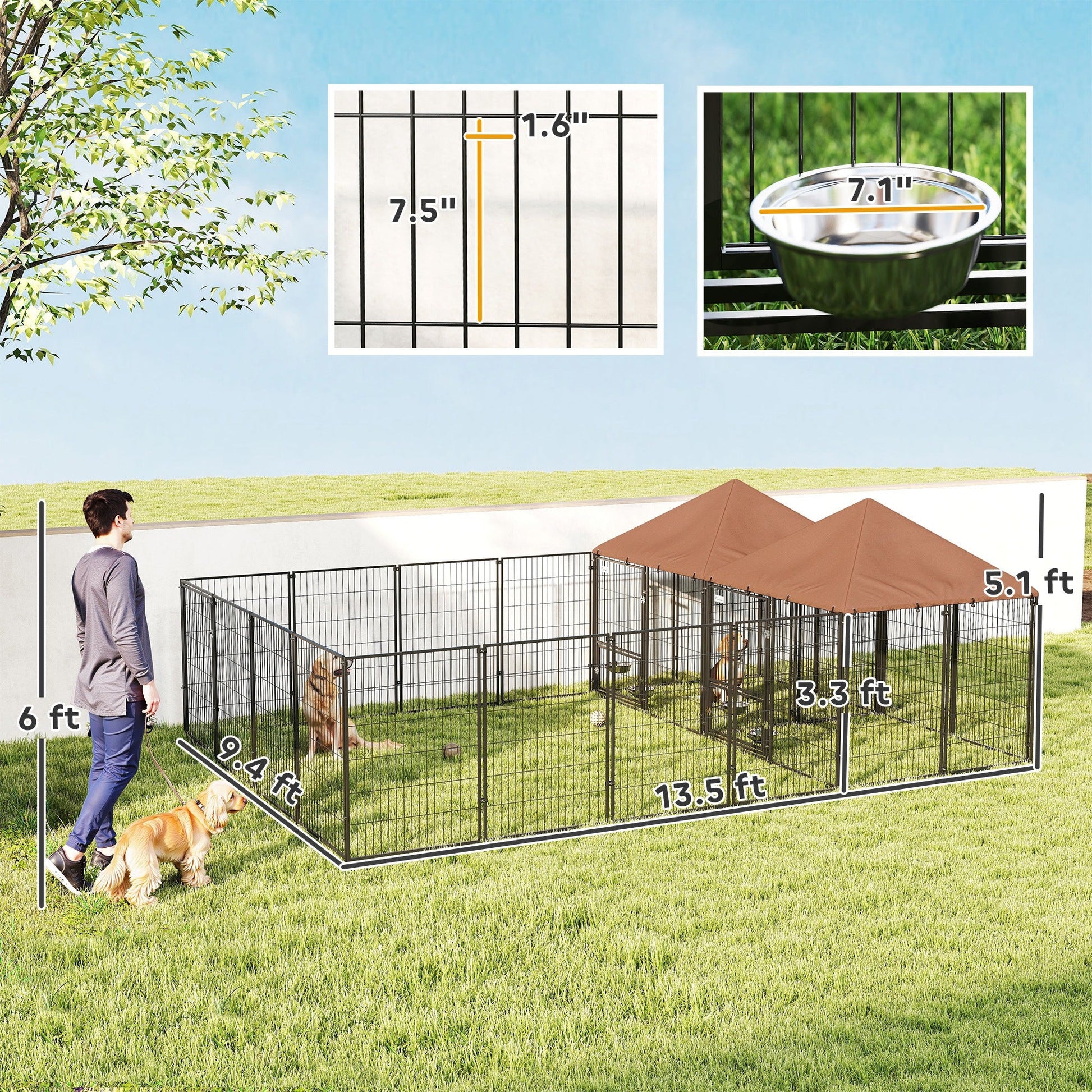 KFX-9599933 Large Outdoor Dog Kennel with 2 Separate Rooms, Adjustable Height Bowls, and Secure Design