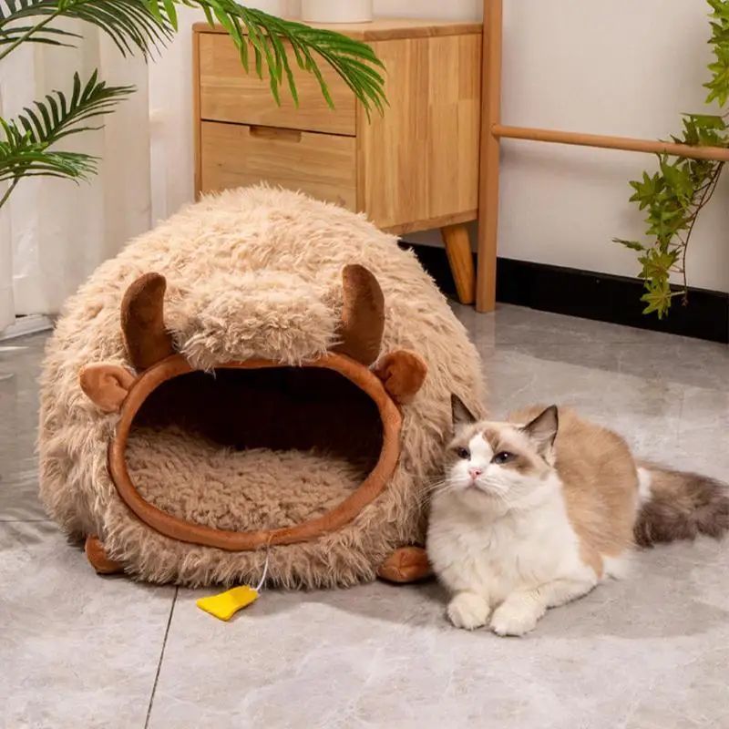 KFX-9600317 Cozy Yak-Shaped Cat Cave Bed for Indoor and Outdoor Use, Semi-Enclosed Warm Pet Nest
