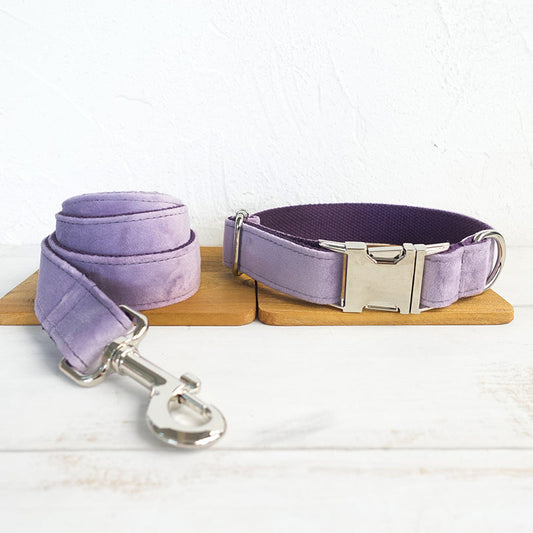 KFX-9605821 Light Purple Velvet Dog Collar and Leash Set - Adjustable Sizes XS to XL, Durable Polyester Material