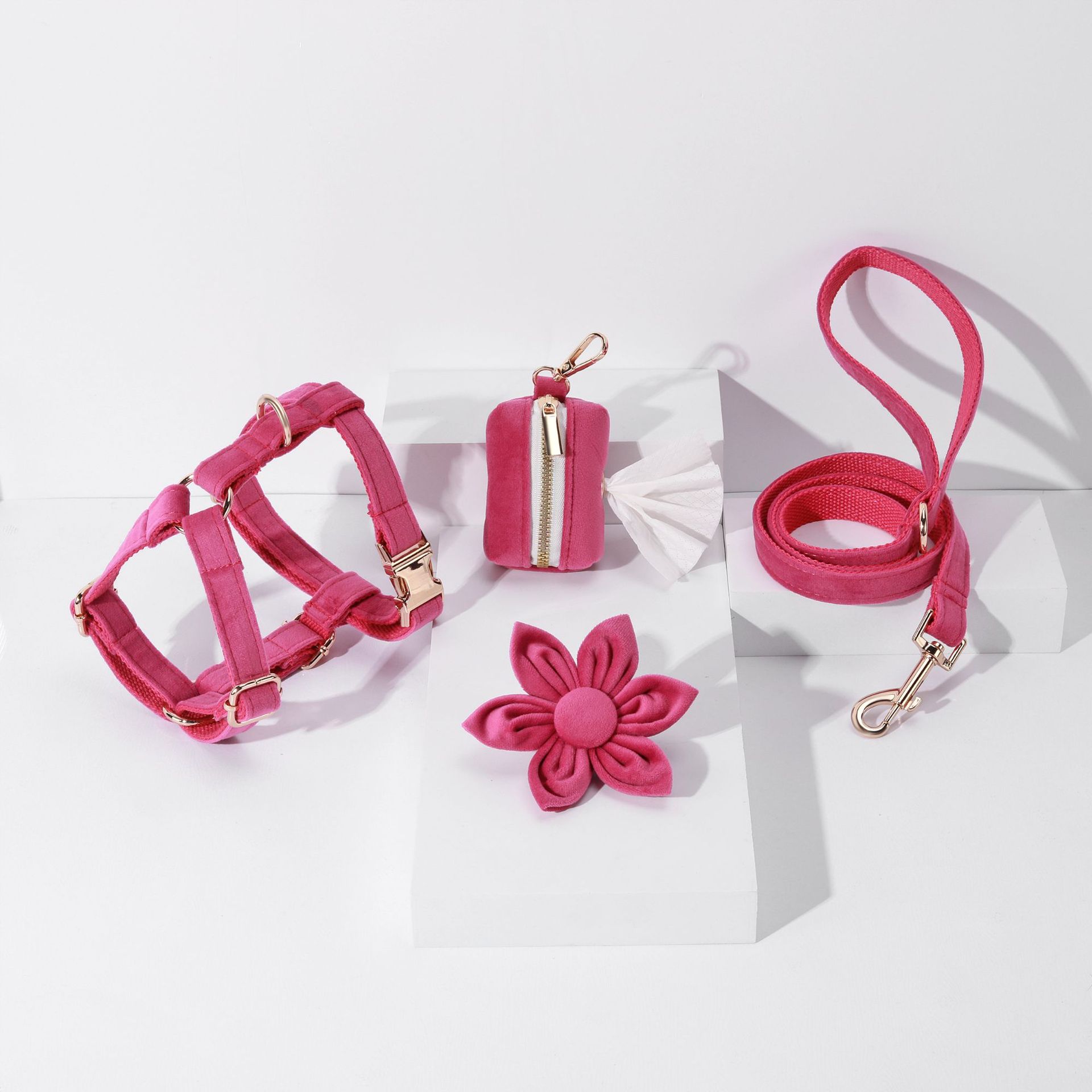 KFX-9609789 Fashion-Forward Pet Collar Set with Lead, Bow, Poop Bag, Chest Back, and Flower Decoration