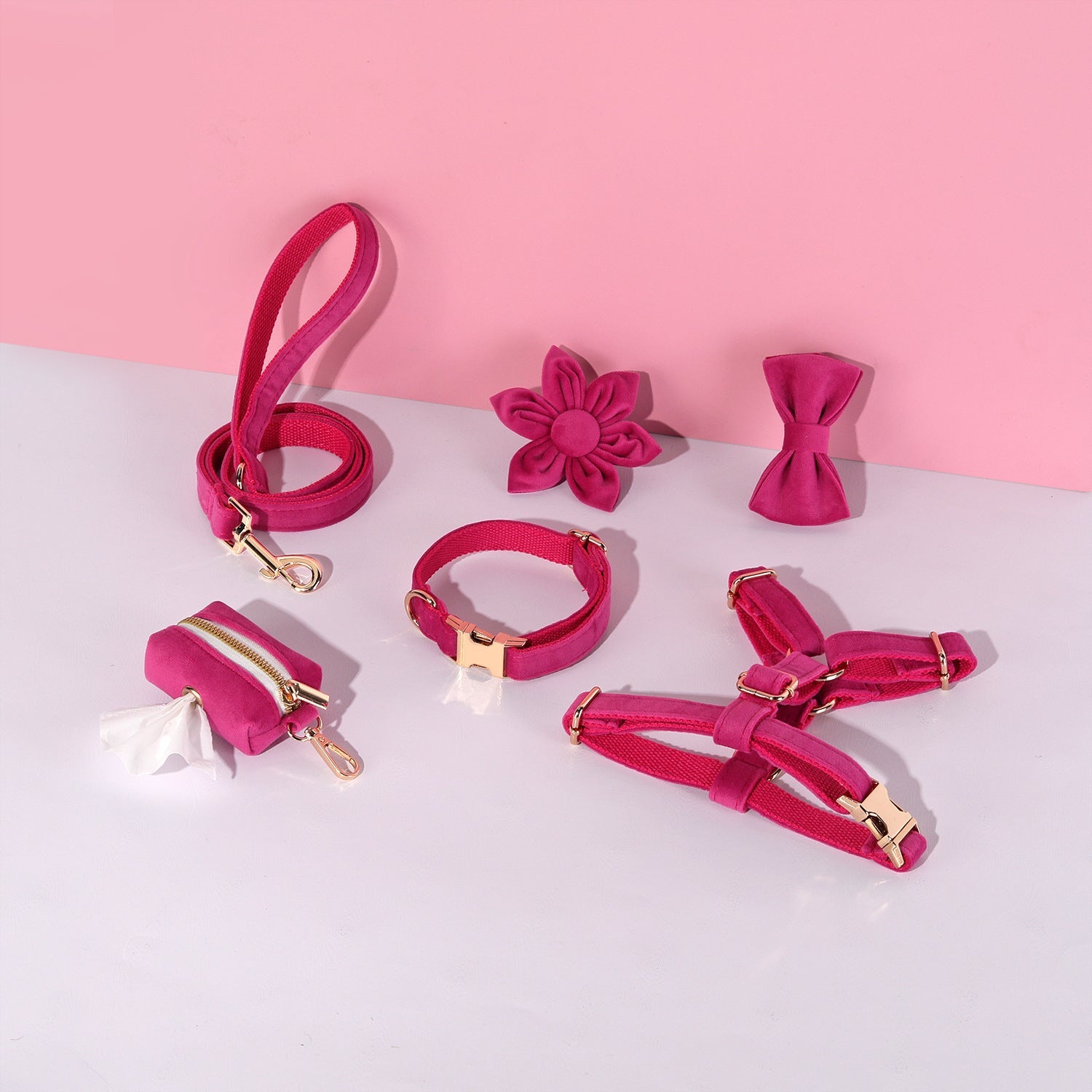 KFX-9609789 Fashion-Forward Pet Collar Set with Lead, Bow, Poop Bag, Chest Back, and Flower Decoration