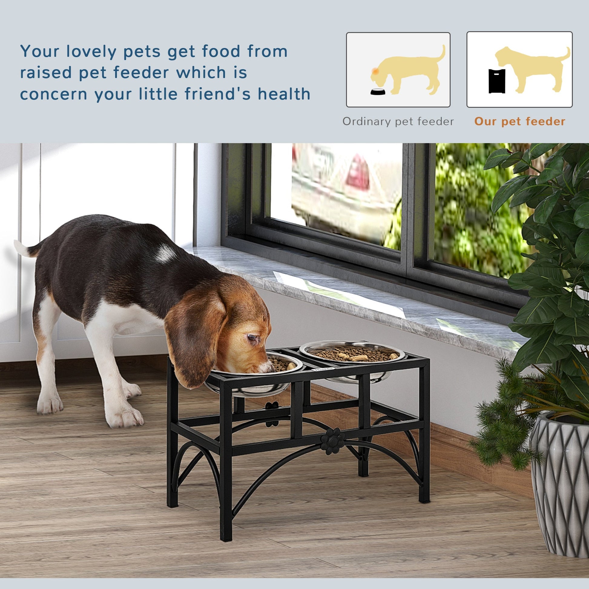 KFX-9613757 Elevated Stainless Steel Dog Food Bowl Station with Non-Slip Metal Base - 17" Double Serving Design