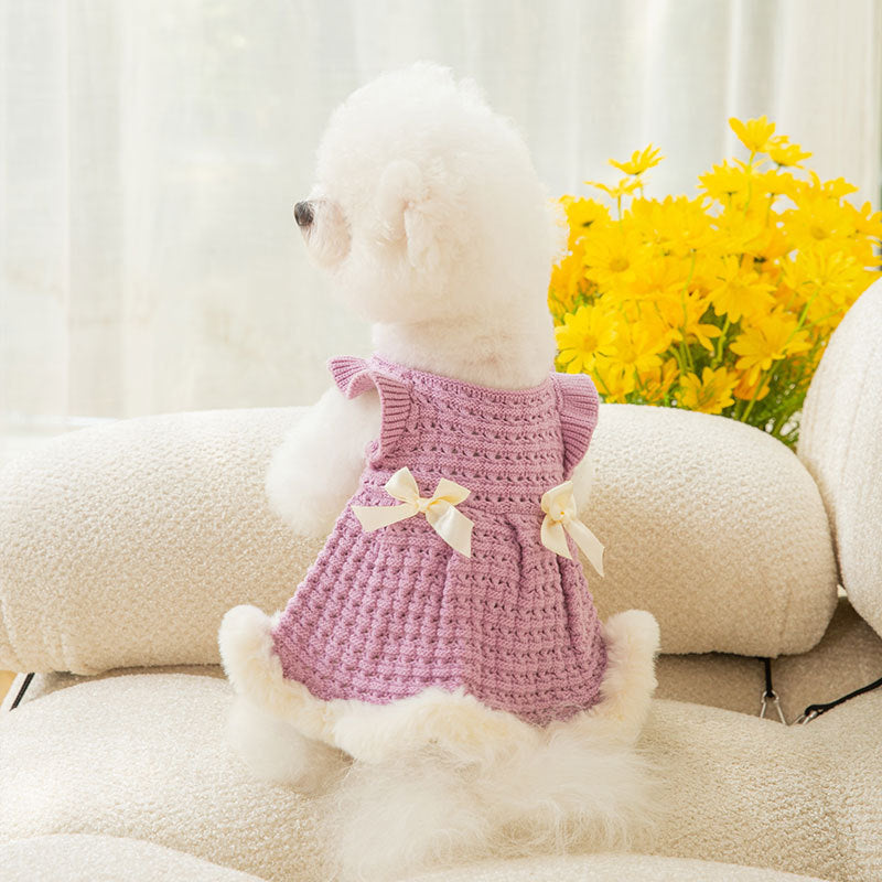 KFX-9621309 Pet Bow Sweater Dress for Small Dogs in Purple and White
