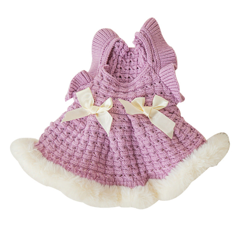 KFX-9621309 Pet Bow Sweater Dress for Small Dogs in Purple and White