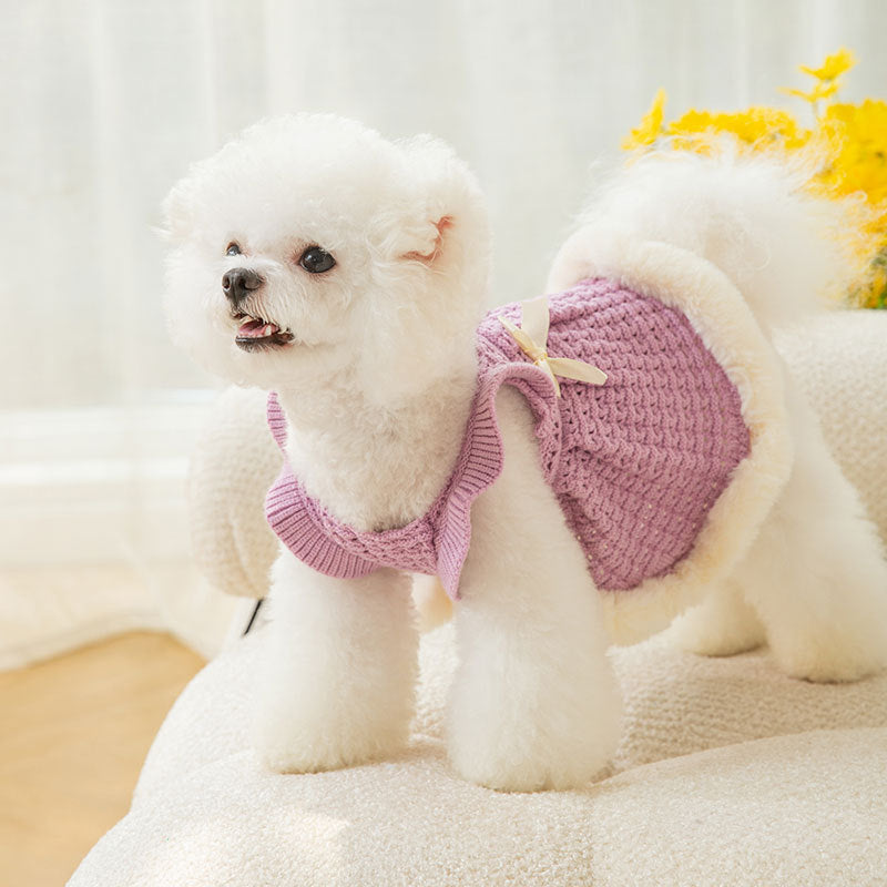 KFX-9621309 Pet Bow Sweater Dress for Small Dogs in Purple and White