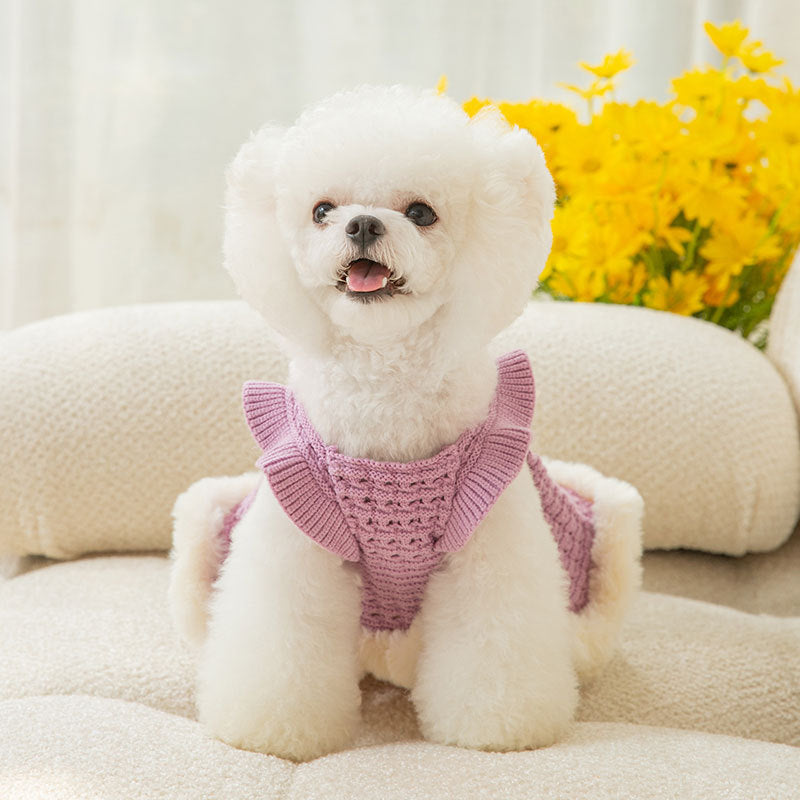 KFX-9621309 Pet Bow Sweater Dress for Small Dogs in Purple and White