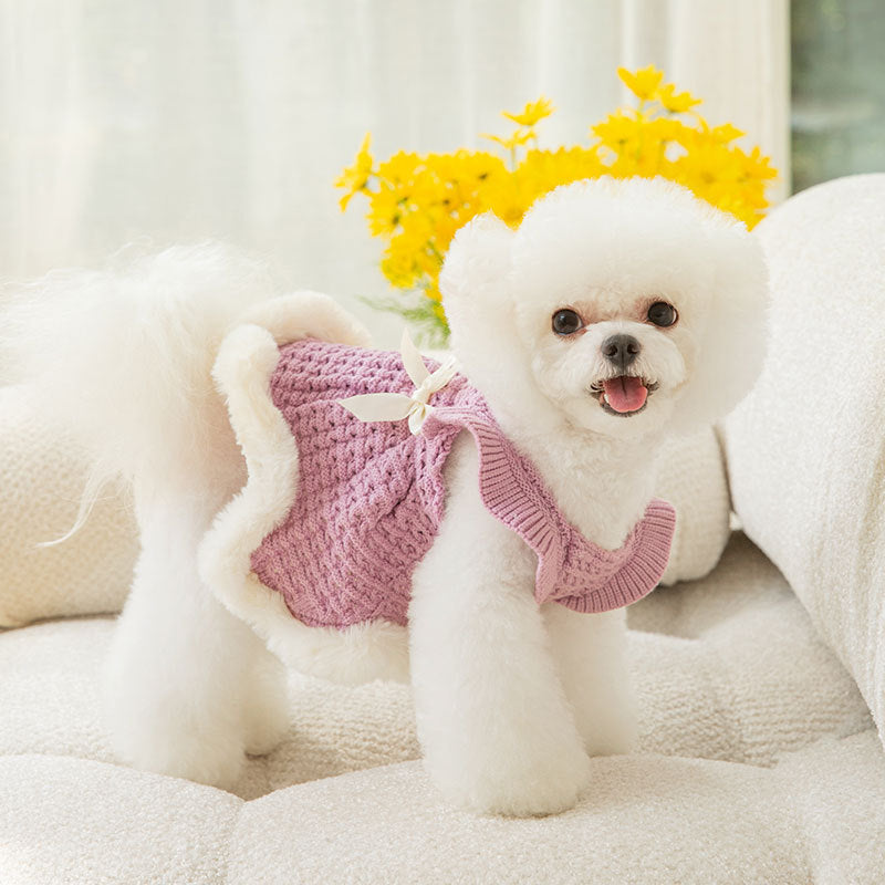 KFX-9621309 Pet Bow Sweater Dress for Small Dogs in Purple and White