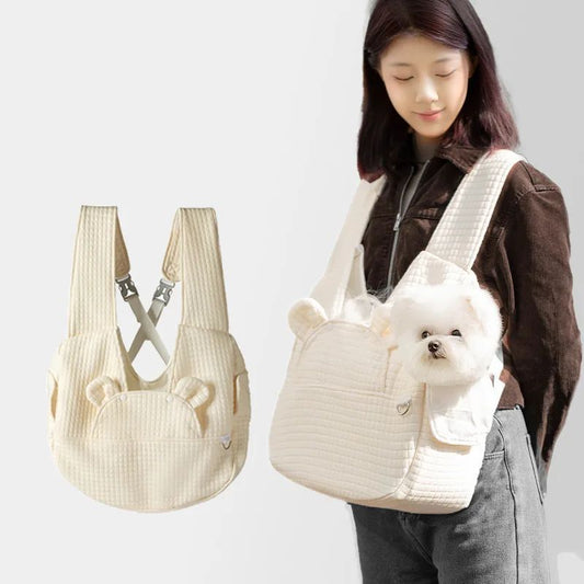 KFX-9625533 Comfortable Pet Backpack for Cats and Dogs, Breathable Outdoor Carrier with Cross Design, Miya White Bear 38x18x41CM