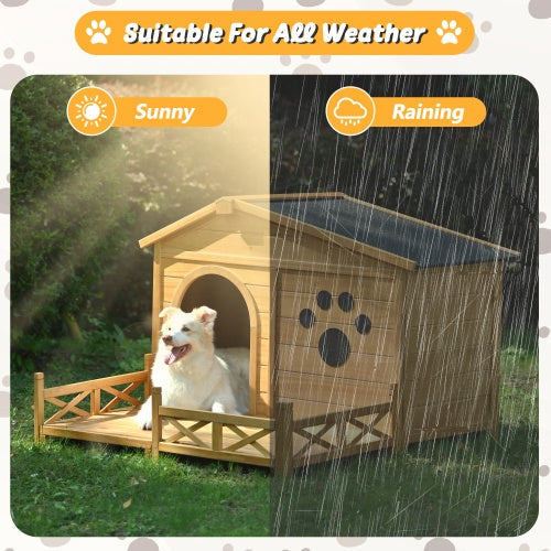 KFX-9626941 Wooden Dog House with Porch and Water-Resistant Roof for Medium Dogs, 48-Inch Outdoor Kennel with Removable Baseboards