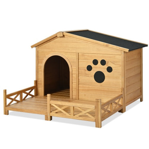 KFX-9626941 Wooden Dog House with Porch and Water-Resistant Roof for Medium Dogs, 48-Inch Outdoor Kennel with Removable Baseboards