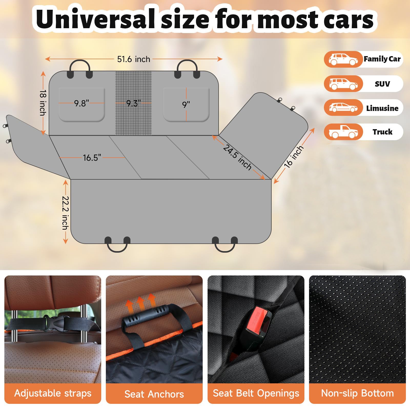 KFX-9630909 Durable Black Cloth Dog Seat Cover for Car with Heat Load Bearing Design
