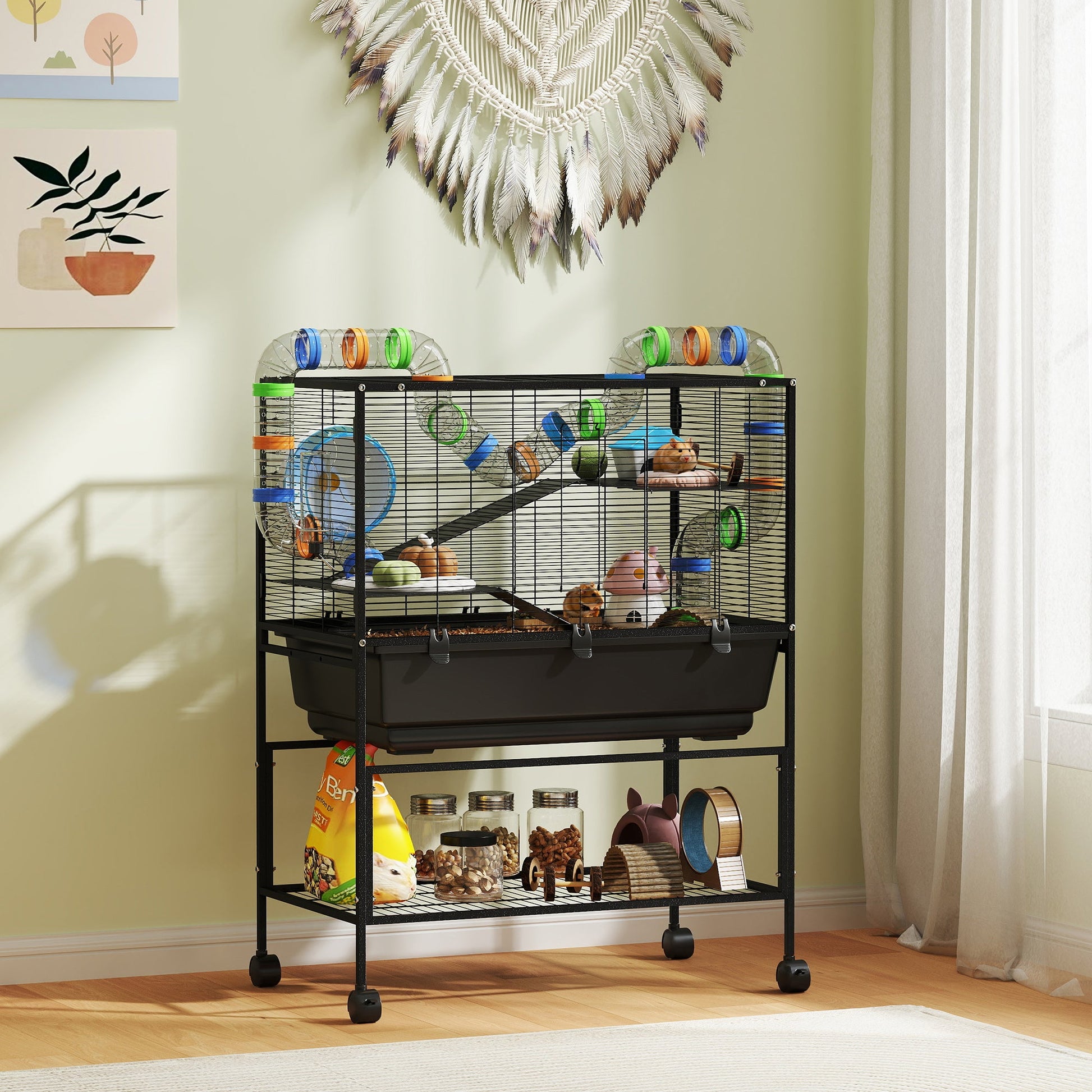 KFX-9632701 3 Tier Hamster Cage with Rolling Wheels, Deep Tray, Exercise Wheel, Hut, and Tube System