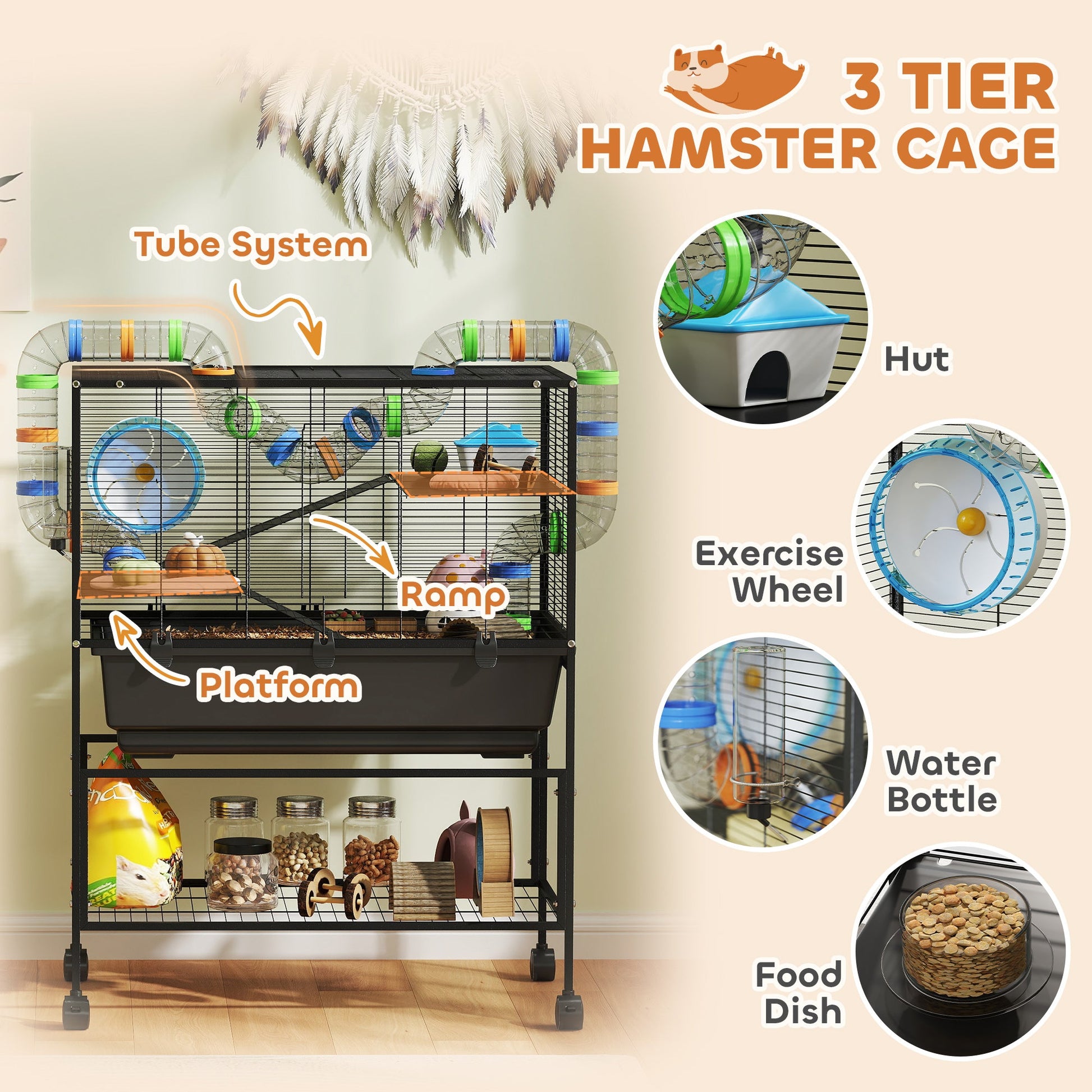 KFX-9632701 3 Tier Hamster Cage with Rolling Wheels, Deep Tray, Exercise Wheel, Hut, and Tube System