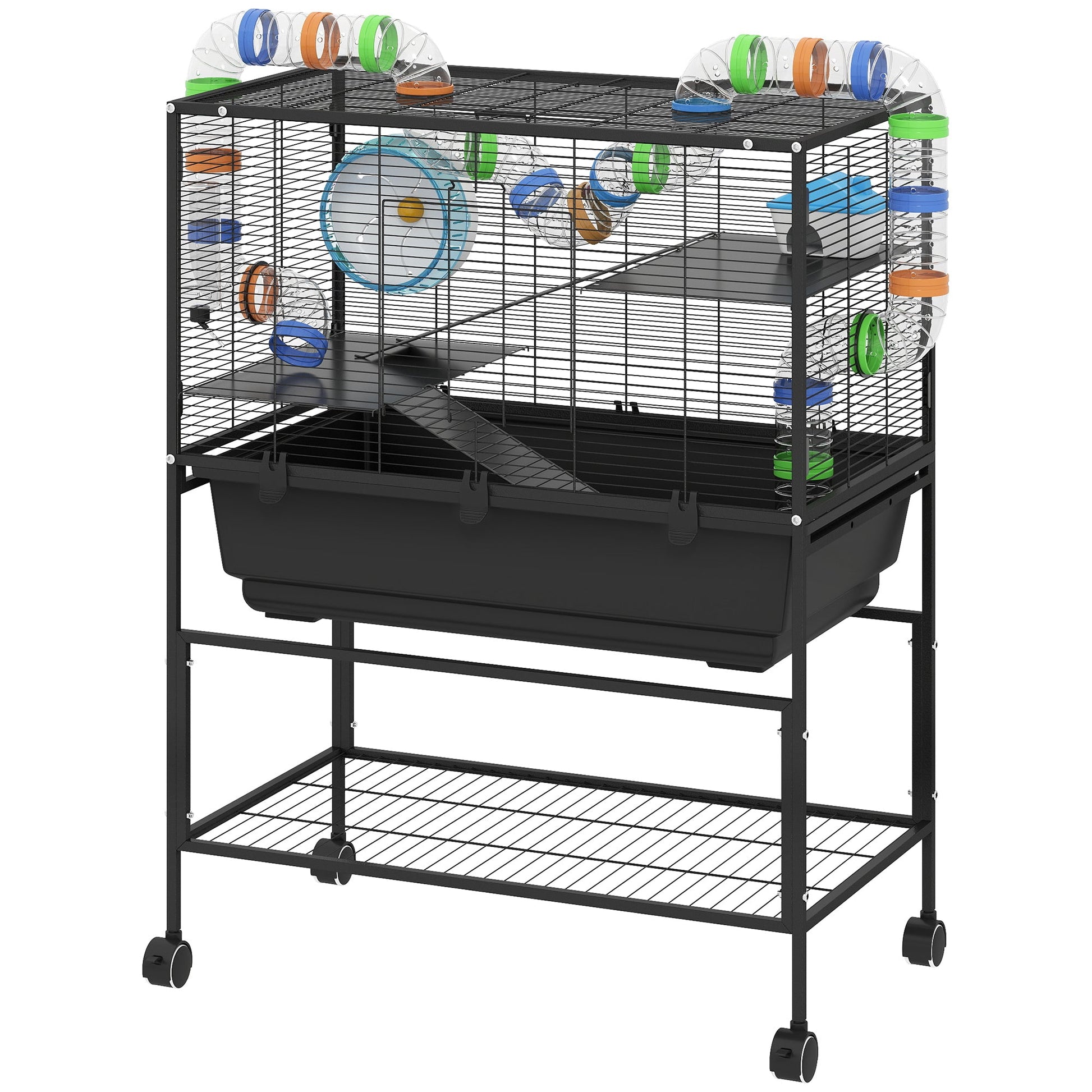 KFX-9632701 3 Tier Hamster Cage with Rolling Wheels, Deep Tray, Exercise Wheel, Hut, and Tube System