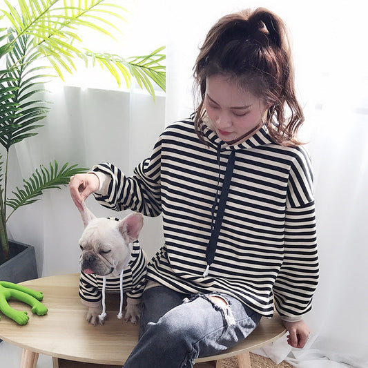 KFX-9634621 Plush Hooded Striped T-Shirt for Dogs in Black, Red, and Coffee – Comfortable Cotton Fabric