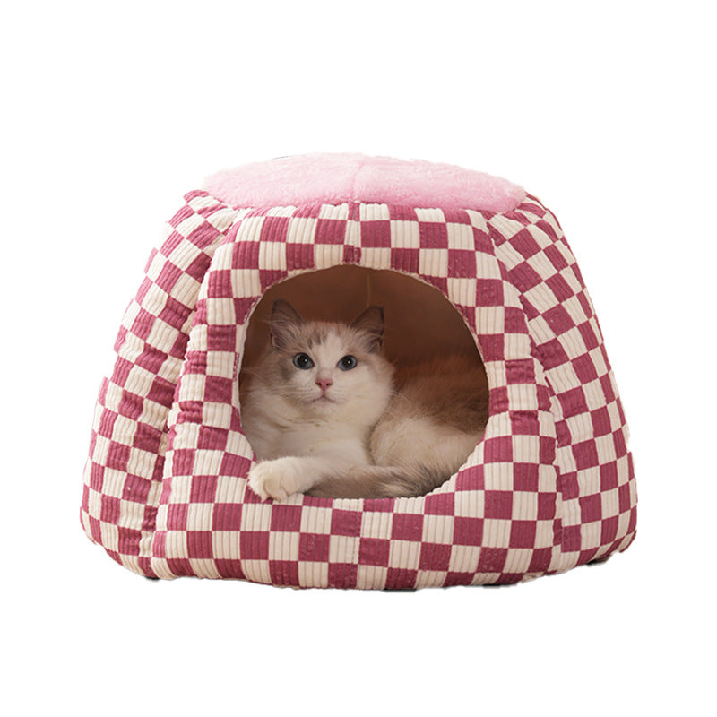 KFX-9638845 Cozy Closed Cat House for Small Dogs and Cats - Winter Warm Flannel & Cotton Design