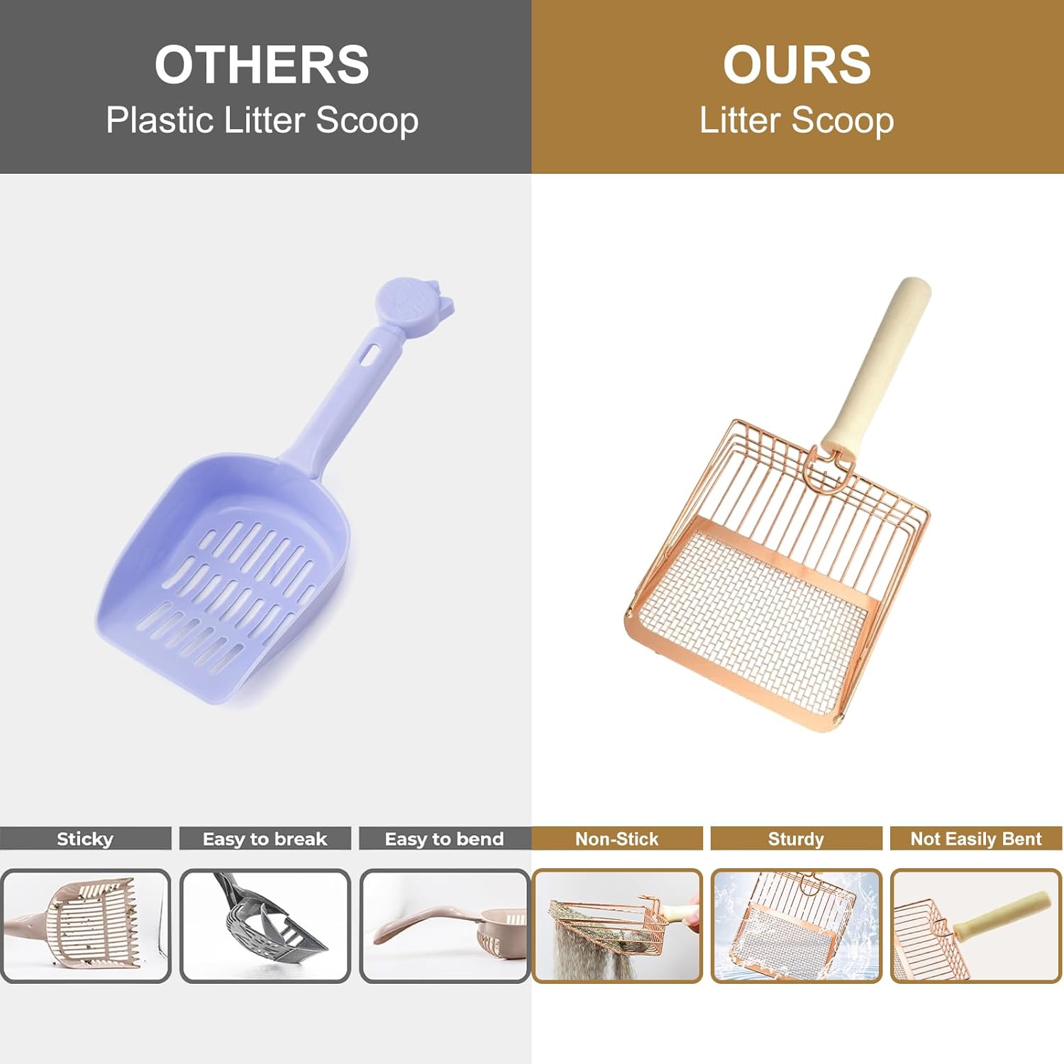 KFX-9640253 Metal Cat Litter Scoop with Wooden Handle for Effective Poop Sifting and Litter Box Maintenance