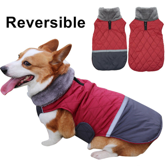 KFX-9641149 Reversible Plush Lapel Pet Jacket with Waterproof Fabric and Reflective Stripes