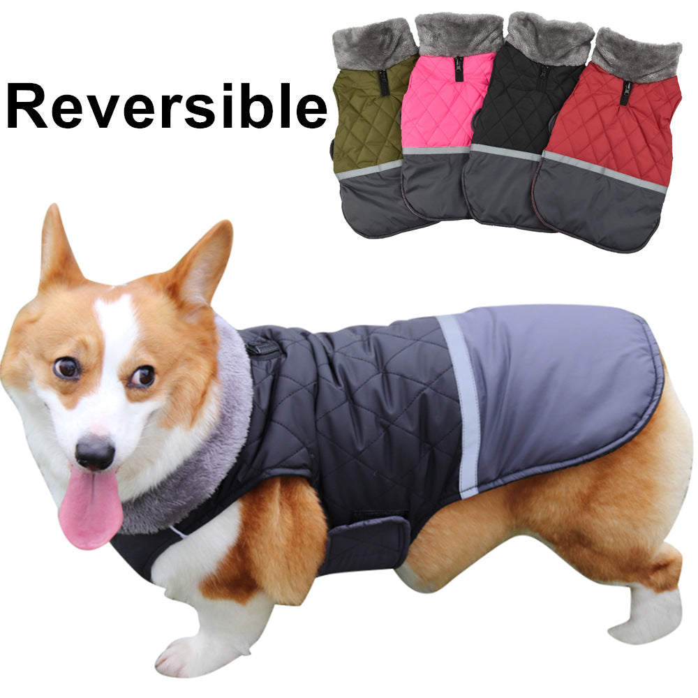 KFX-9641149 Reversible Plush Lapel Pet Jacket with Waterproof Fabric and Reflective Stripes