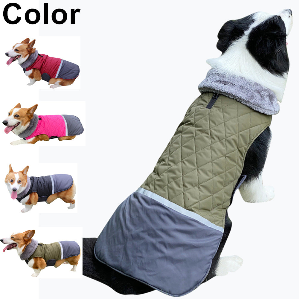 KFX-9641149 Reversible Plush Lapel Pet Jacket with Waterproof Fabric and Reflective Stripes