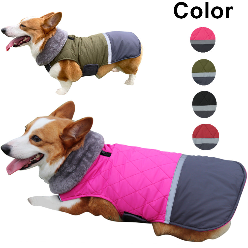 KFX-9641149 Reversible Plush Lapel Pet Jacket with Waterproof Fabric and Reflective Stripes