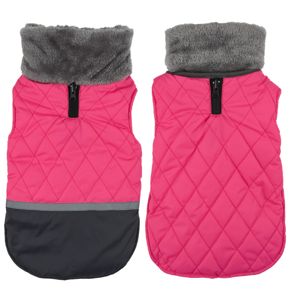 KFX-9641149 Reversible Plush Lapel Pet Jacket with Waterproof Fabric and Reflective Stripes