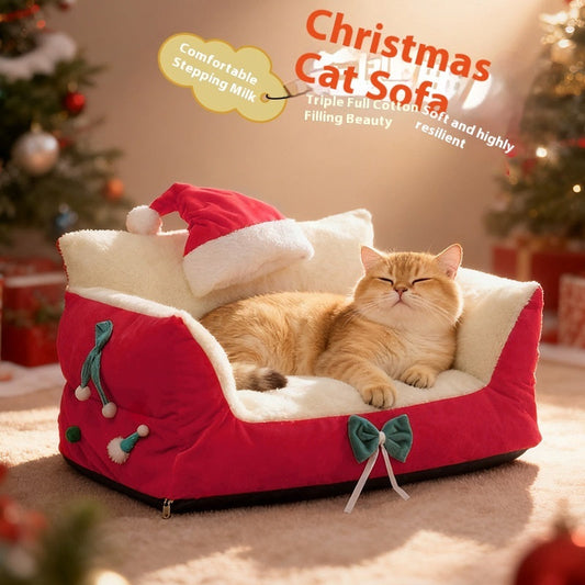 KFX-9650365 Christmas Cat Nest in Flannel - Warm, Removable, Washable, Plus-sized for All Seasons
