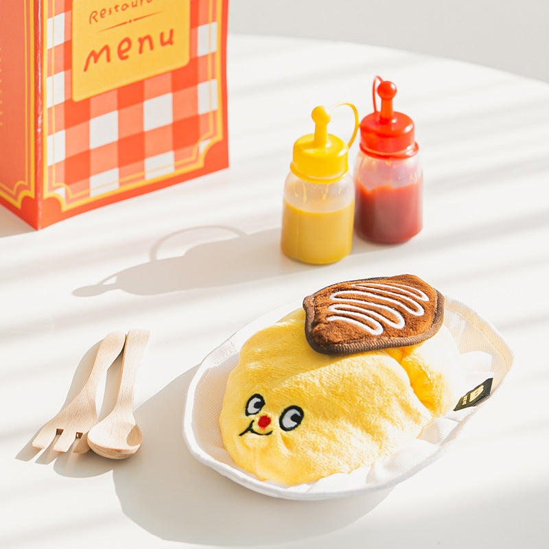 KFX-9652541 Plush Omurice Leaky Toy with Hidden Food Compartments and Flannel Cloth