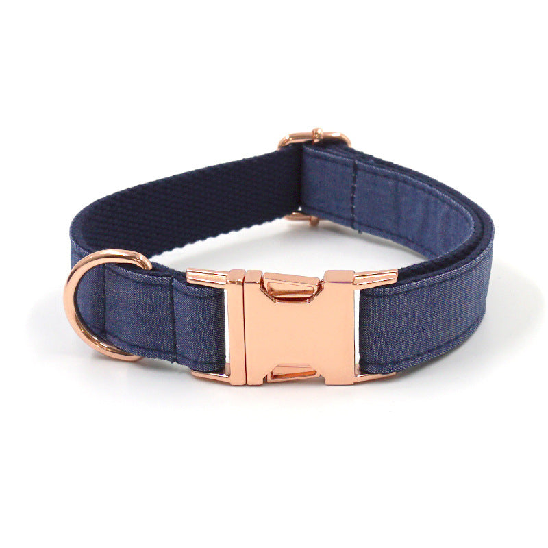 KFX-9655869 Rose Gold Buckle Deep Denim Pet Collar, Leash & Bow Tie Set