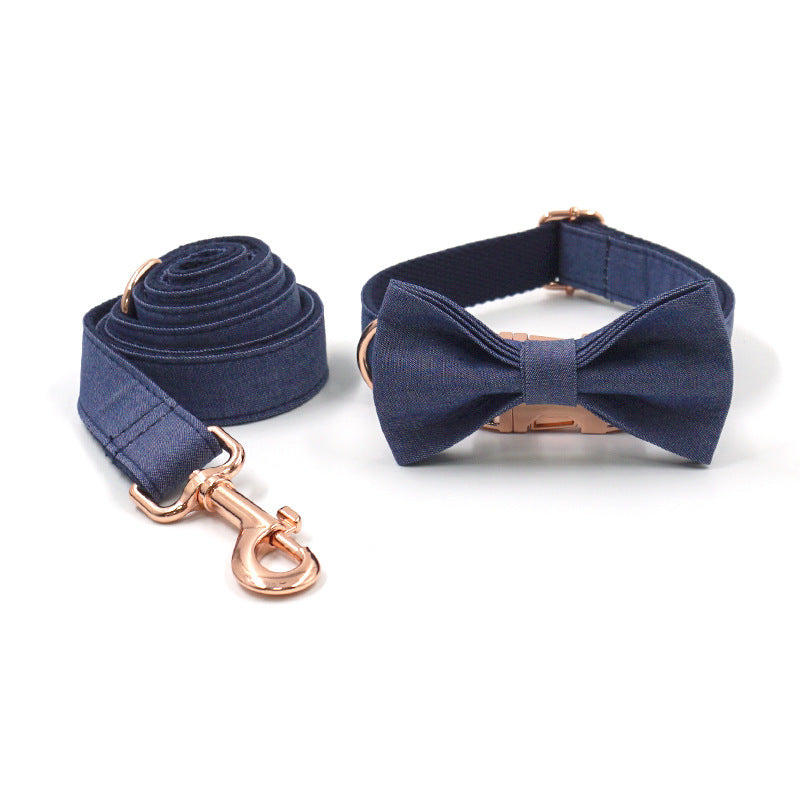 KFX-9655869 Rose Gold Buckle Deep Denim Pet Collar, Leash & Bow Tie Set