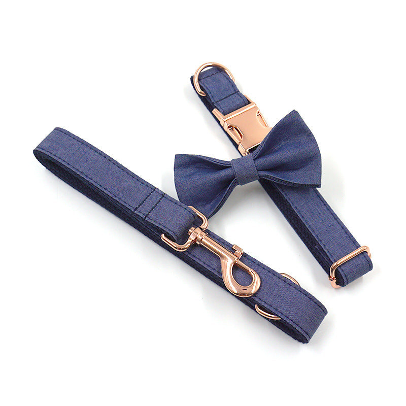 KFX-9655869 Rose Gold Buckle Deep Denim Pet Collar, Leash & Bow Tie Set