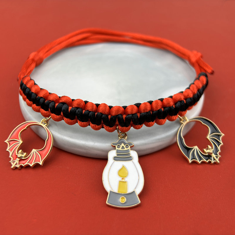 KFX-9658045 Halloween Themed Hand-Woven Pet Collar with Geometric Patterns and Skull Designs
