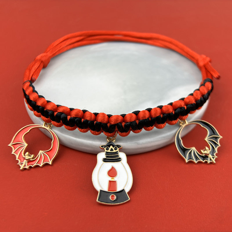 KFX-9658045 Halloween Themed Hand-Woven Pet Collar with Geometric Patterns and Skull Designs