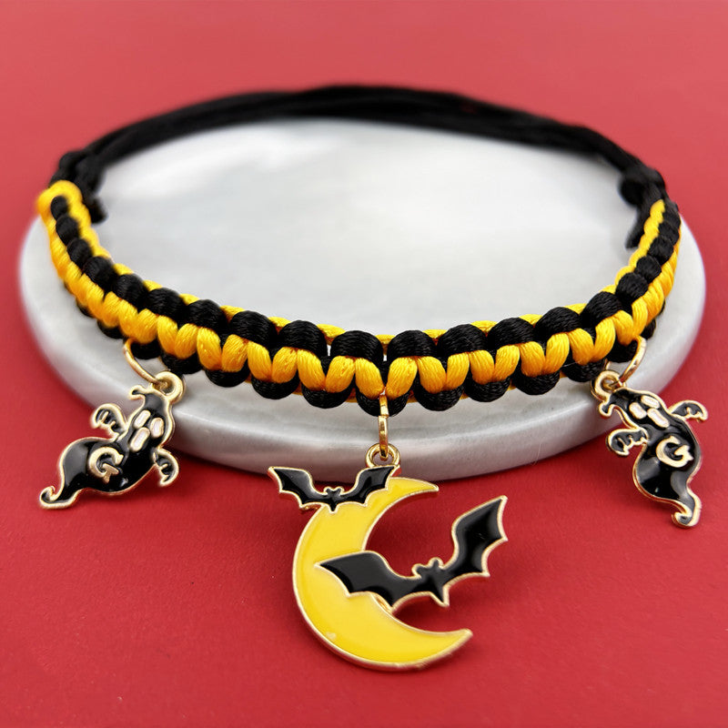 KFX-9658045 Halloween Themed Hand-Woven Pet Collar with Geometric Patterns and Skull Designs