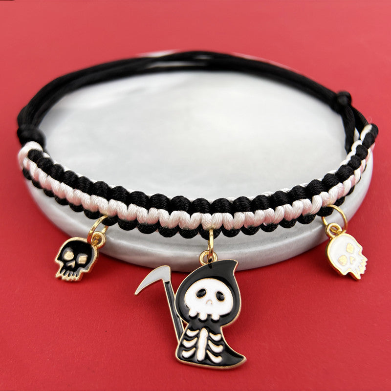 KFX-9658045 Halloween Themed Hand-Woven Pet Collar with Geometric Patterns and Skull Designs