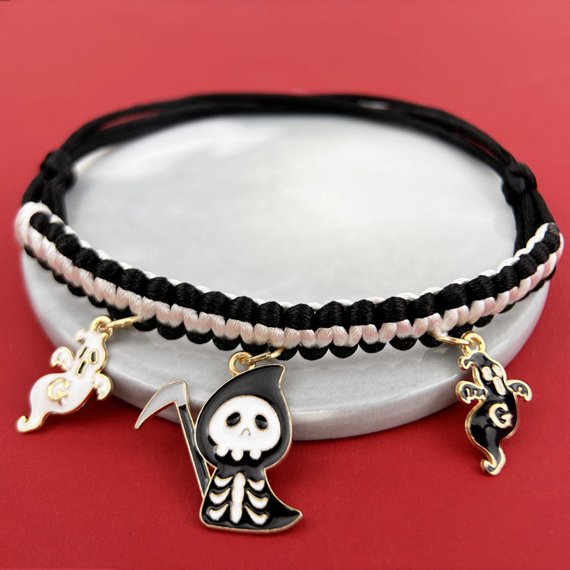 KFX-9658045 Halloween Themed Hand-Woven Pet Collar with Geometric Patterns and Skull Designs