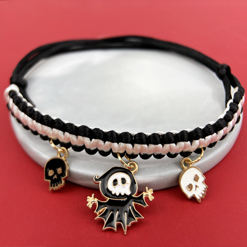KFX-9658045 Halloween Themed Hand-Woven Pet Collar with Geometric Patterns and Skull Designs