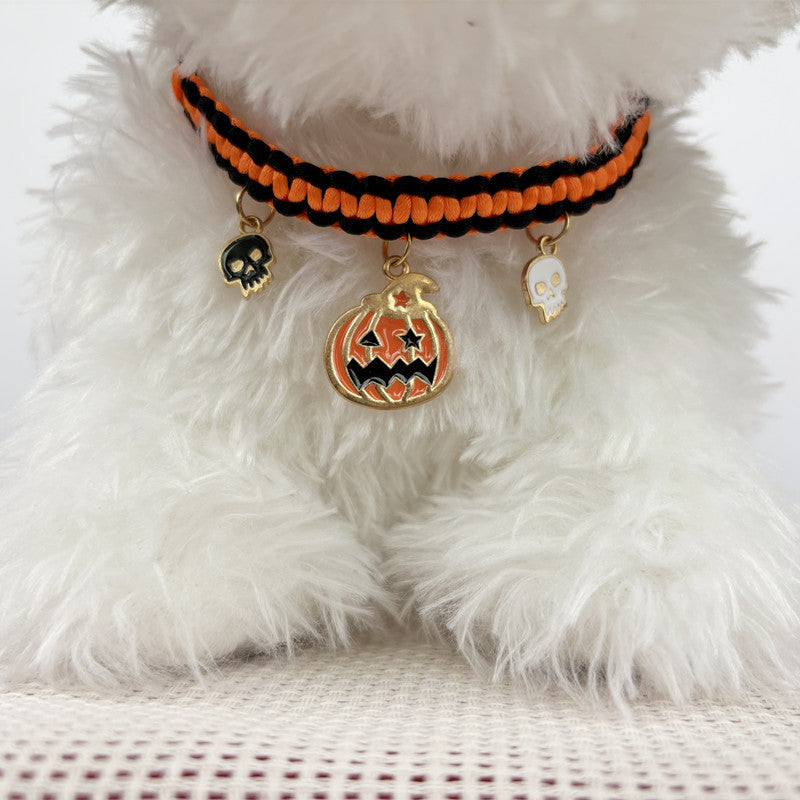 KFX-9658045 Halloween Themed Hand-Woven Pet Collar with Geometric Patterns and Skull Designs