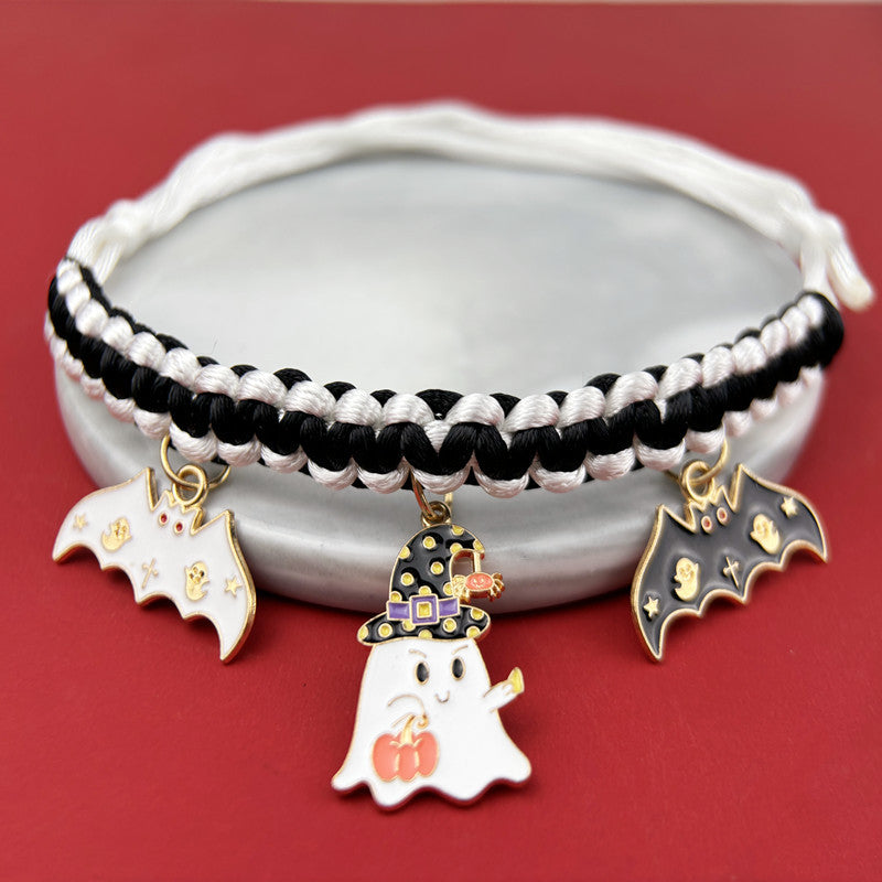 KFX-9658045 Halloween Themed Hand-Woven Pet Collar with Geometric Patterns and Skull Designs