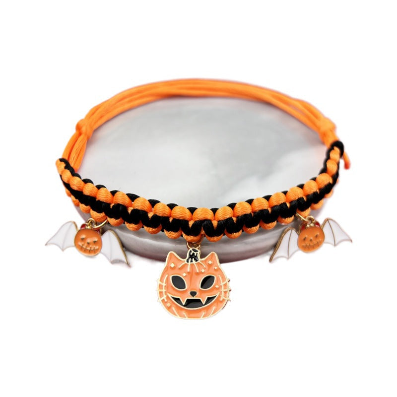 KFX-9658045 Halloween Themed Hand-Woven Pet Collar with Geometric Patterns and Skull Designs