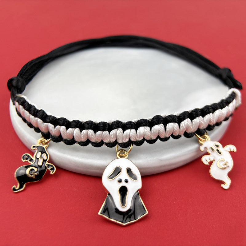 KFX-9658045 Halloween Themed Hand-Woven Pet Collar with Geometric Patterns and Skull Designs