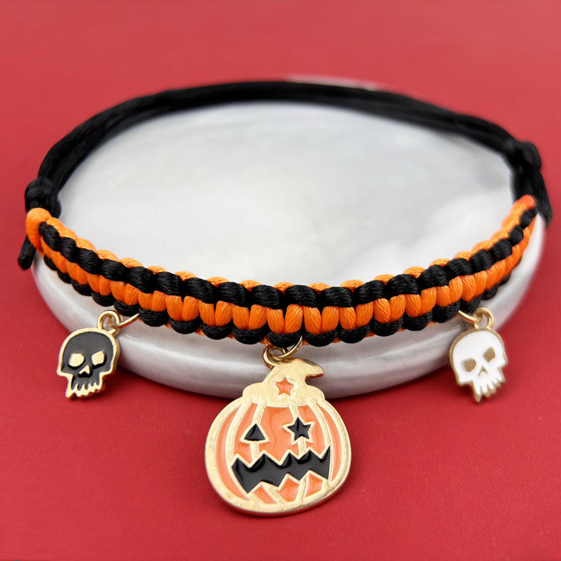 KFX-9658045 Halloween Themed Hand-Woven Pet Collar with Geometric Patterns and Skull Designs