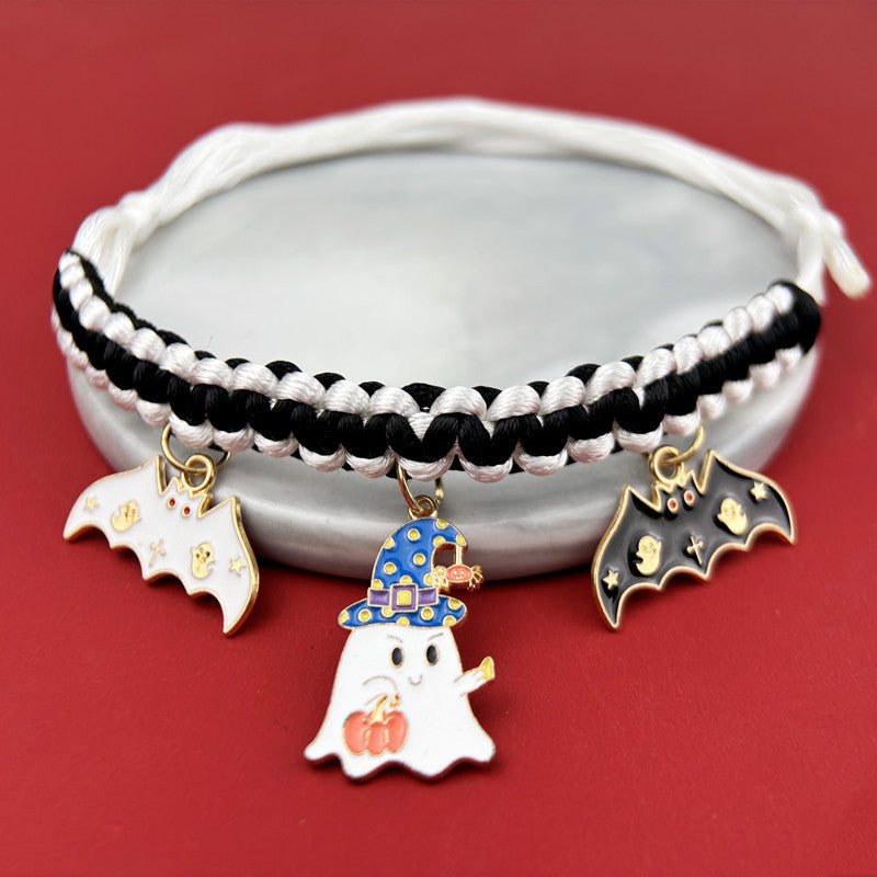 KFX-9658045 Halloween Themed Hand-Woven Pet Collar with Geometric Patterns and Skull Designs
