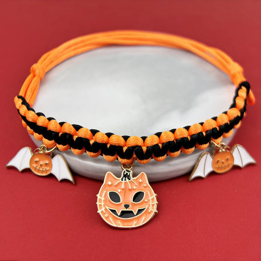 KFX-9658045 Halloween Themed Hand-Woven Pet Collar with Geometric Patterns and Skull Designs