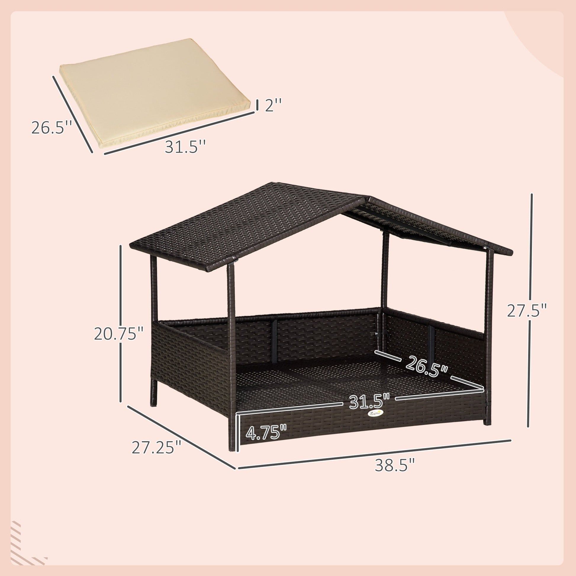 KFX-9665469 Elevated Wicker Dog Bed with Rattan Canopy and Cushioned Sleeping Pad in Cream