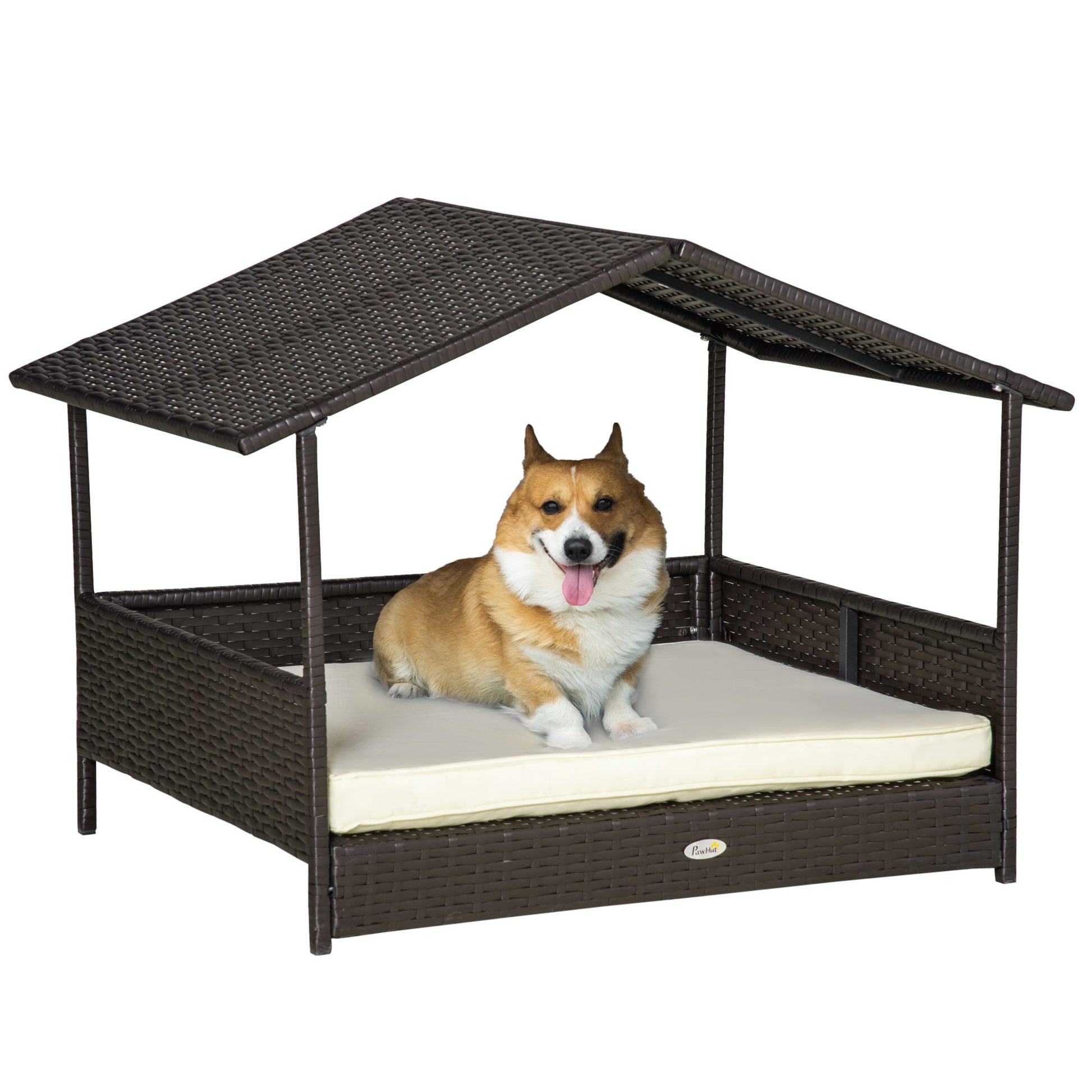 KFX-9665469 Elevated Wicker Dog Bed with Rattan Canopy and Cushioned Sleeping Pad in Cream