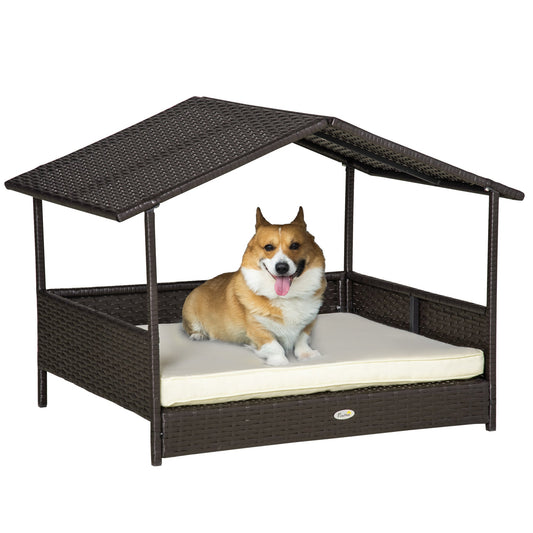 KFX-9665469 Elevated Wicker Dog Bed with Rattan Canopy and Cushioned Sleeping Pad in Cream
