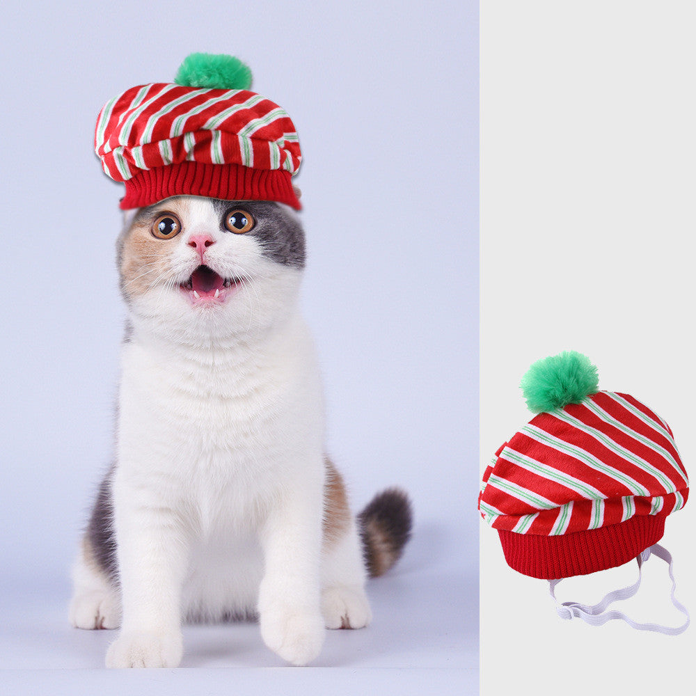 KFX-9666621 Striped Wool Cat Hat with Ears - Fun Headgear for Cats